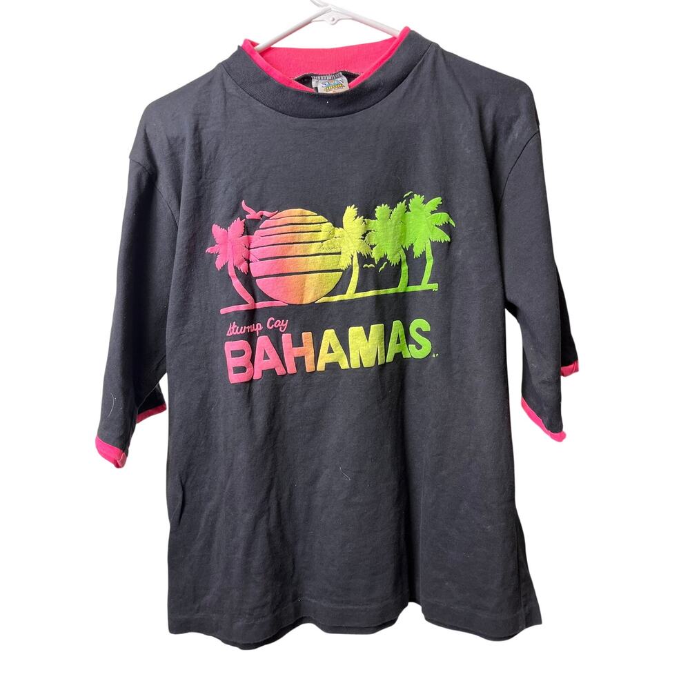 Vintage 80s 90s Bahamas Single Stitch Neon Tee double collar double sleeve